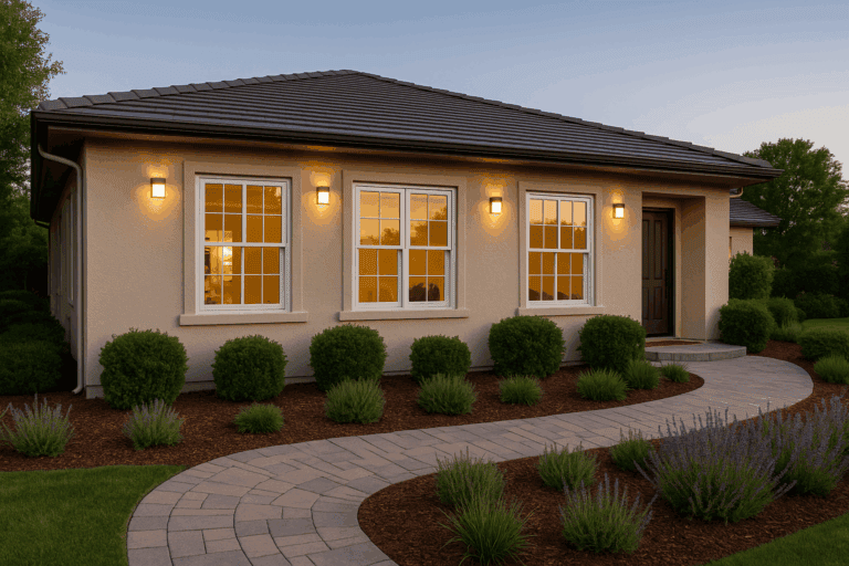 Stucco home exterior coated with Tex-Cote, warm lighting, and lush landscaping at sunset